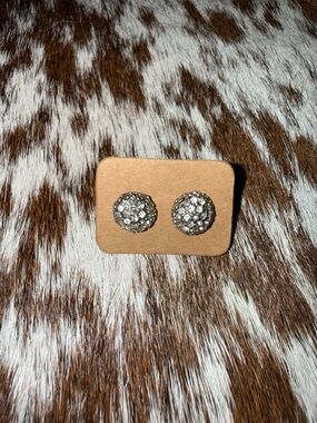 Crystal Pave Button Stud Earrings - Silver